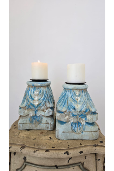 Rustic Carved Candle Stand - Pedestal (Teal)